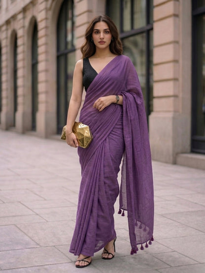 Twilight Bloom - Plain Deep Violet Mul Cotton Saree
