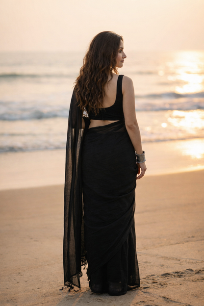 After Dark - Plain Black Mul Cotton Saree