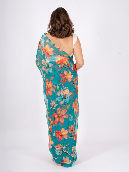 Veyona - Blue Floral Print Pure Chiffon Saree