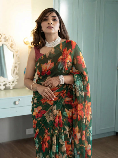 Orelia - Green Floral Print Pure Chiffon Saree