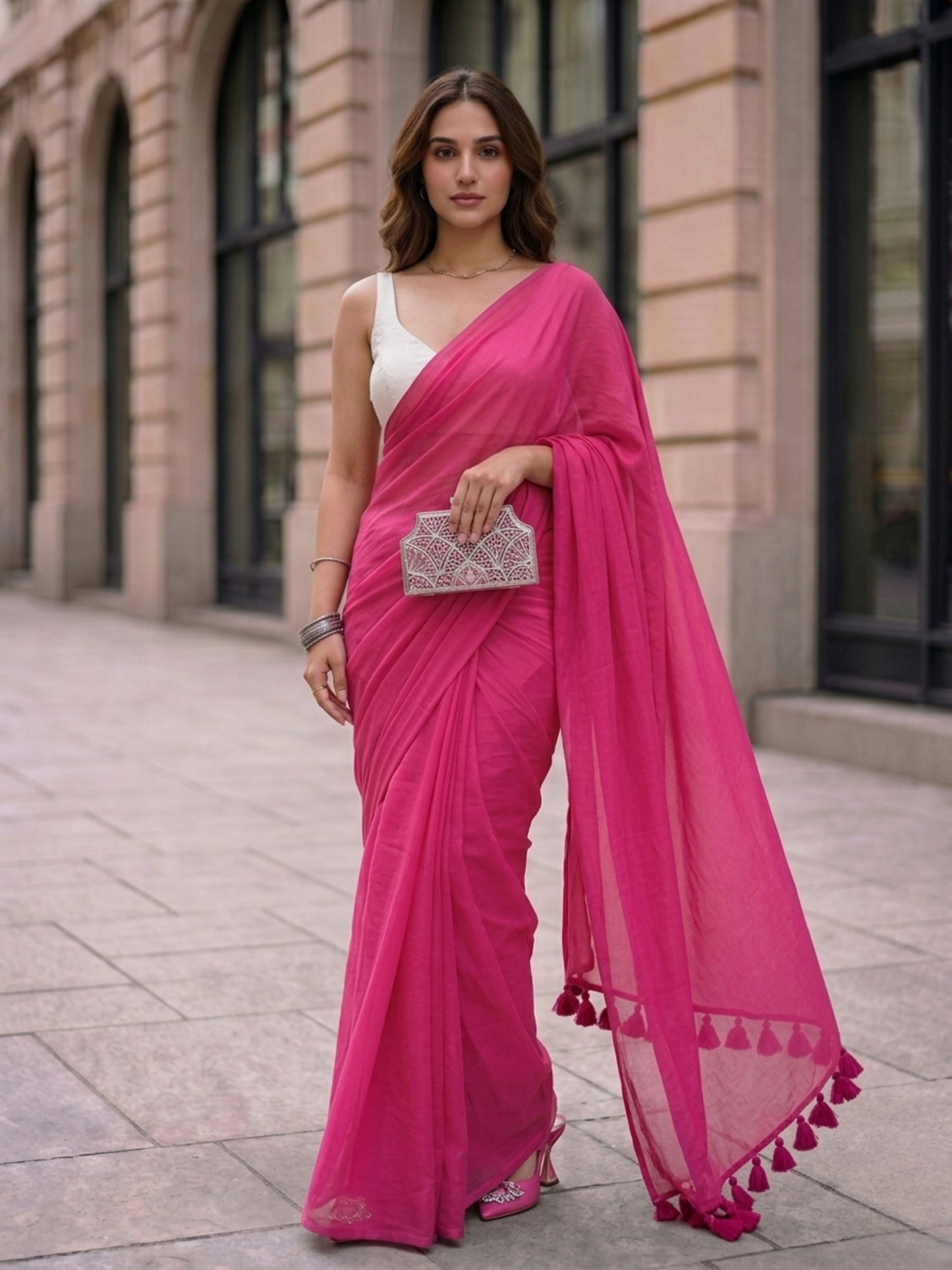 Peony - Plain Rose Pink Mul Cotton Saree