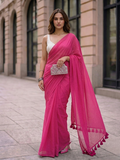 Peony - Plain Rose Pink Mul Cotton Saree