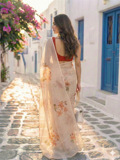 Frangipani - Beige Floral Hand Painted Pure Chiffon Saree