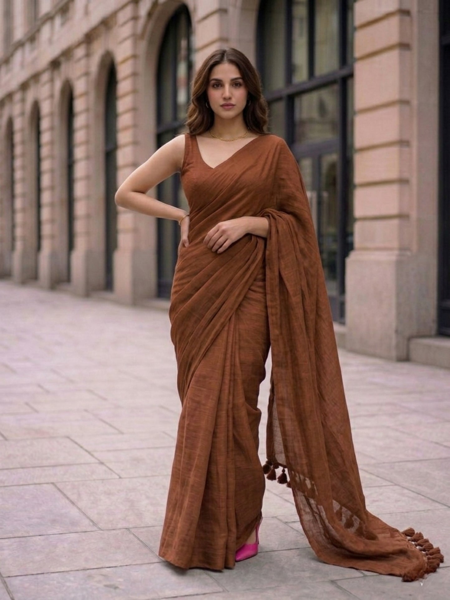 Cocoa - Plain Brown Modal Cotton Saree