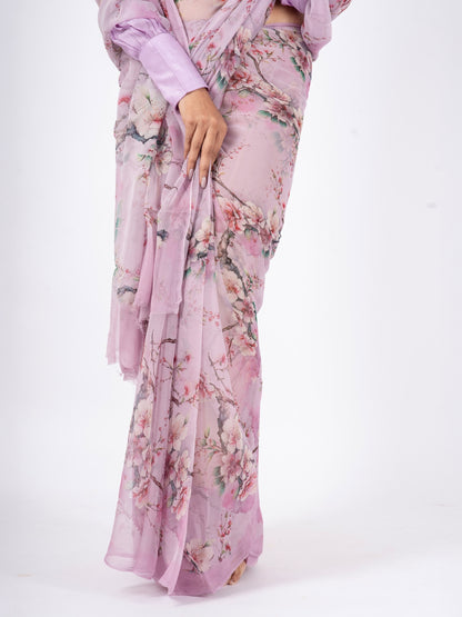 Amaris - Lavender Floral Print Pure Chiffon Saree