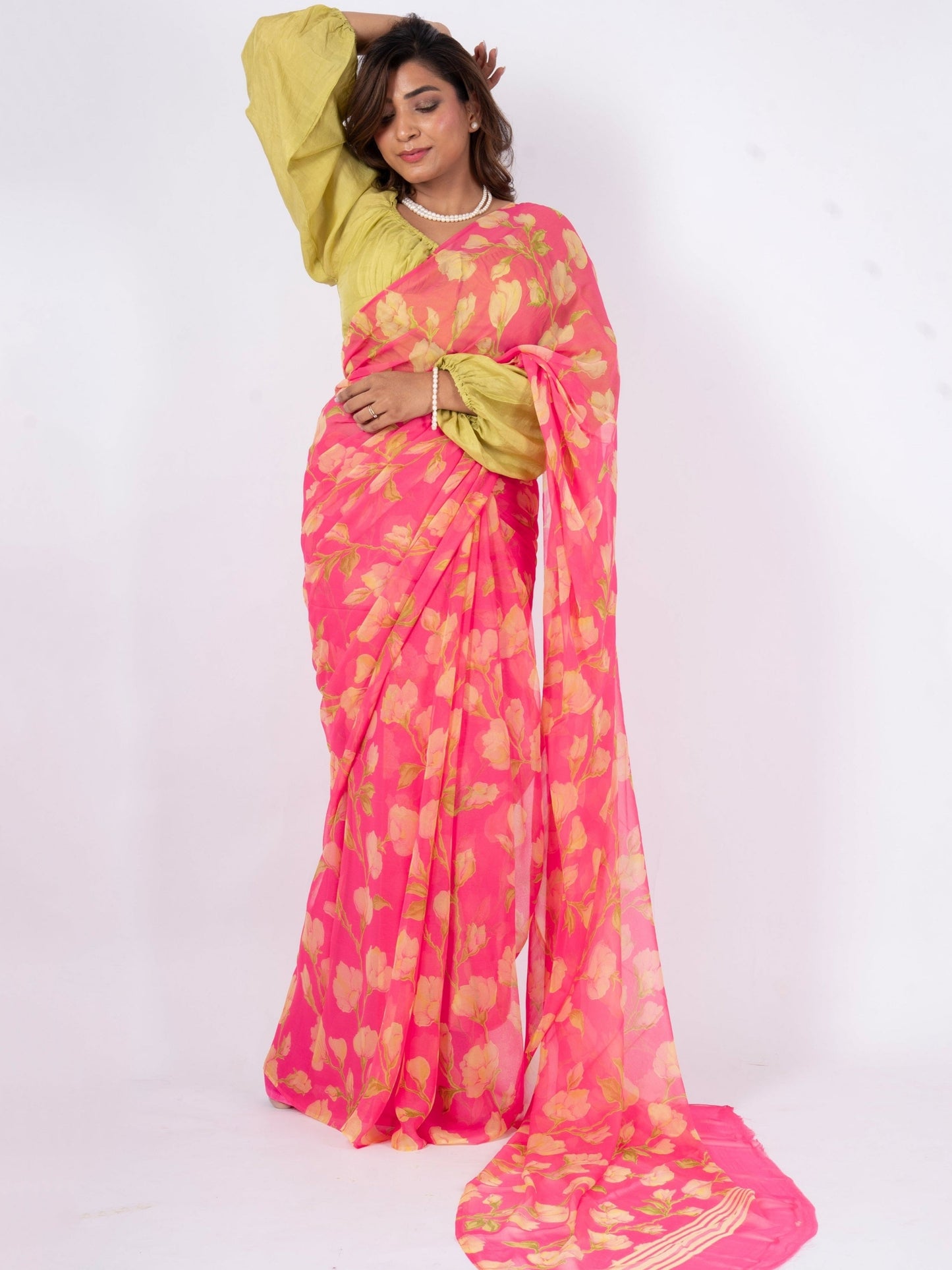 Elysia - Pink Floral Print Pure Chiffon Saree