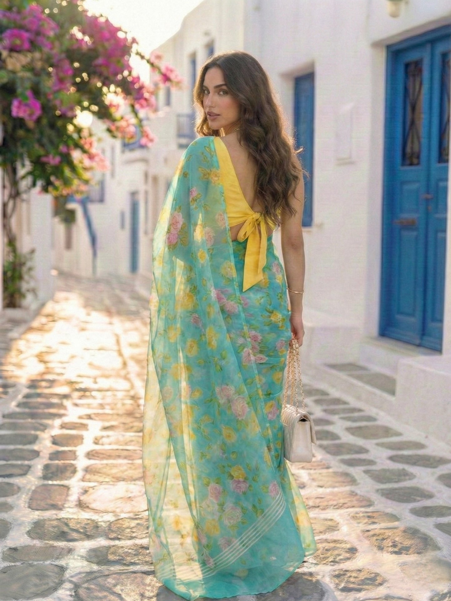 Selene - Turquoise Blue Floral Print Pure Chiffon Saree