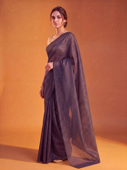 Magic At Midnight - Blue Striped Mul Cotton Zari Saree