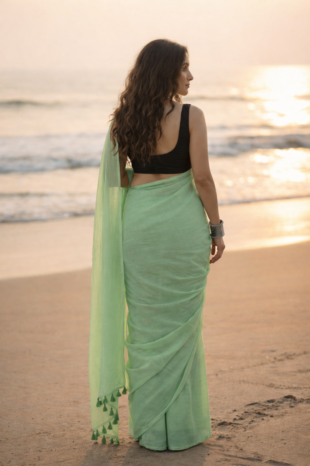 Mint Meadow - Plain Green Mul Cotton Saree