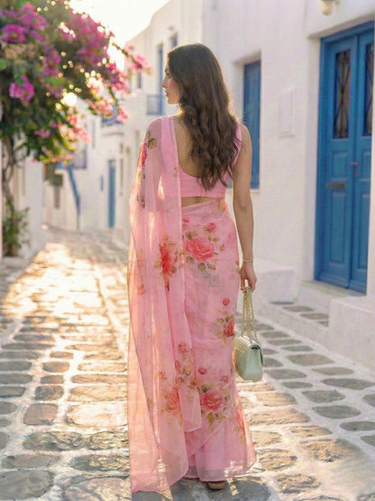 Damask Rose - Pink Floral Hand Painted Pure Chiffon Saree