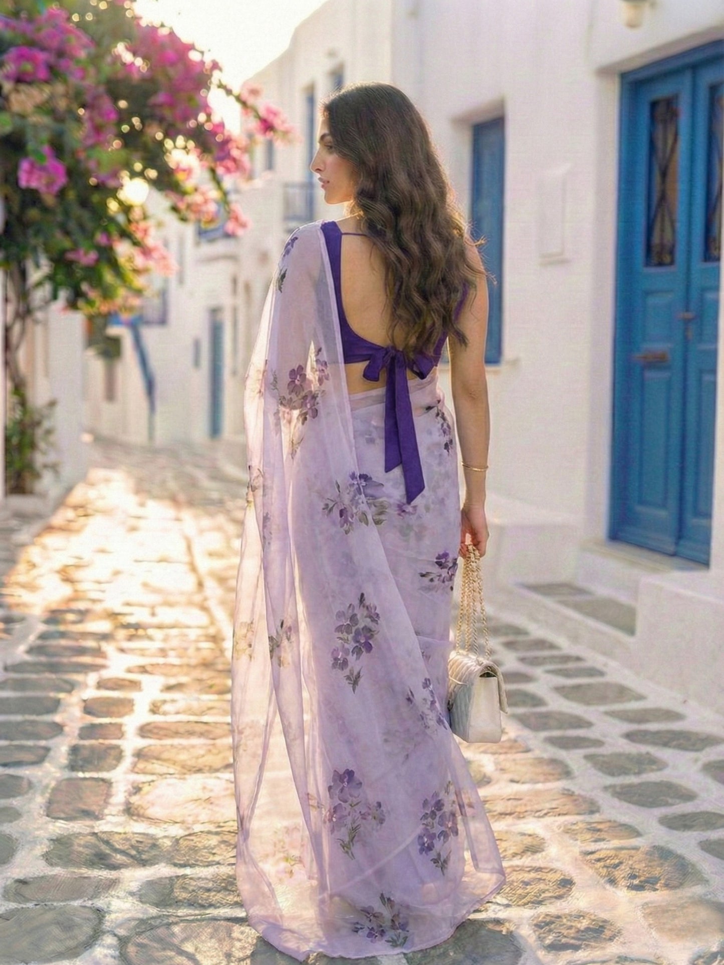 European Viola - Violet Floral Hand Painted Pure Chiffon Saree