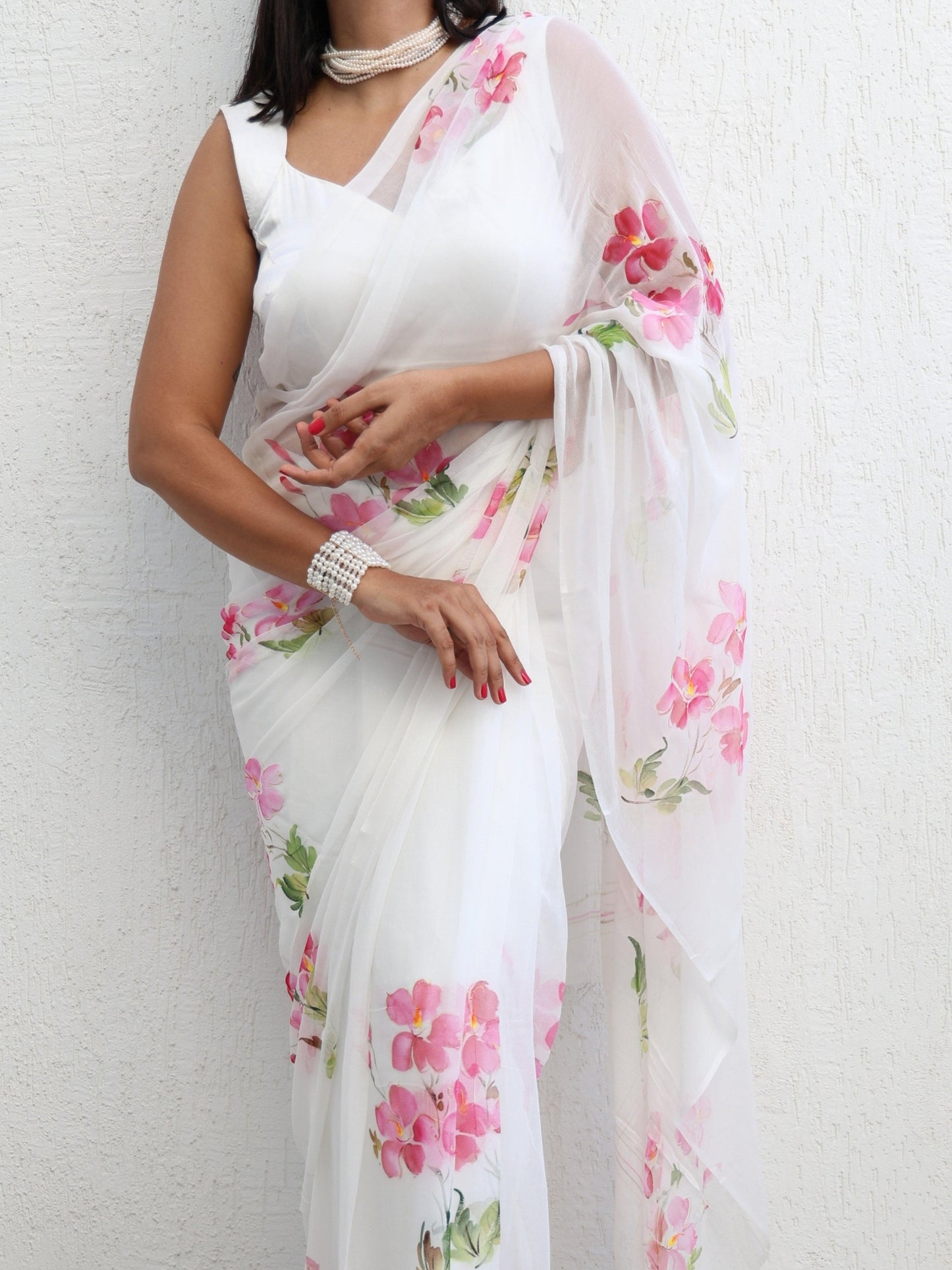 English Primrose - White Floral Hand Painted Pure Chiffon Saree