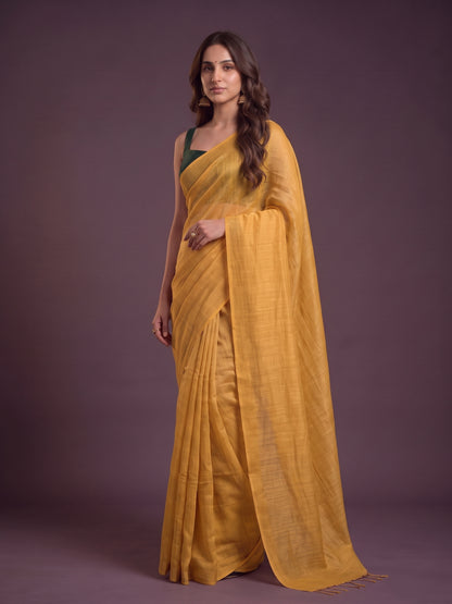 Mustard - Yellow Handloom Linen Tissue Saree