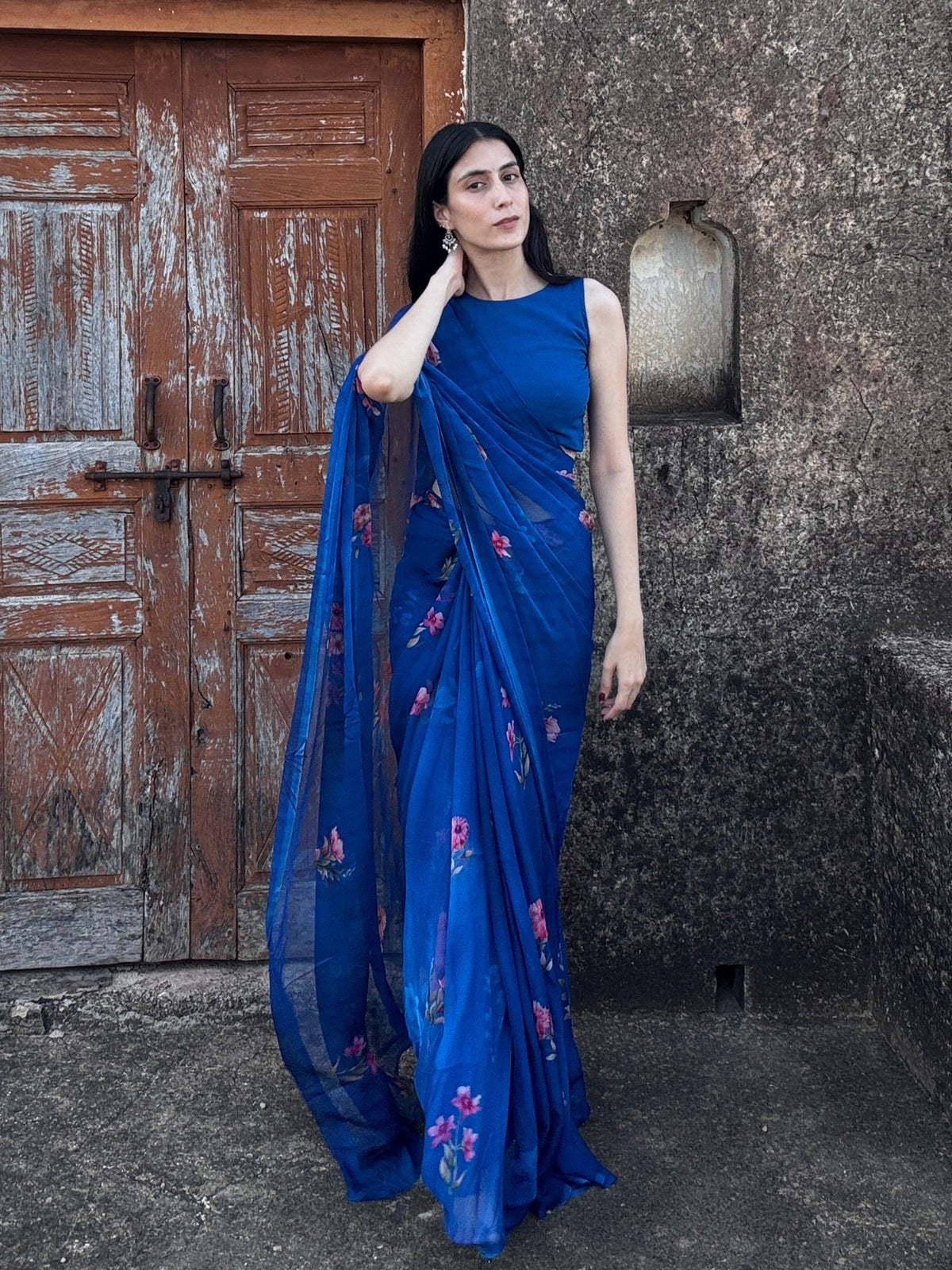 MAYIN India blue chiffon partywear saree with floral print
