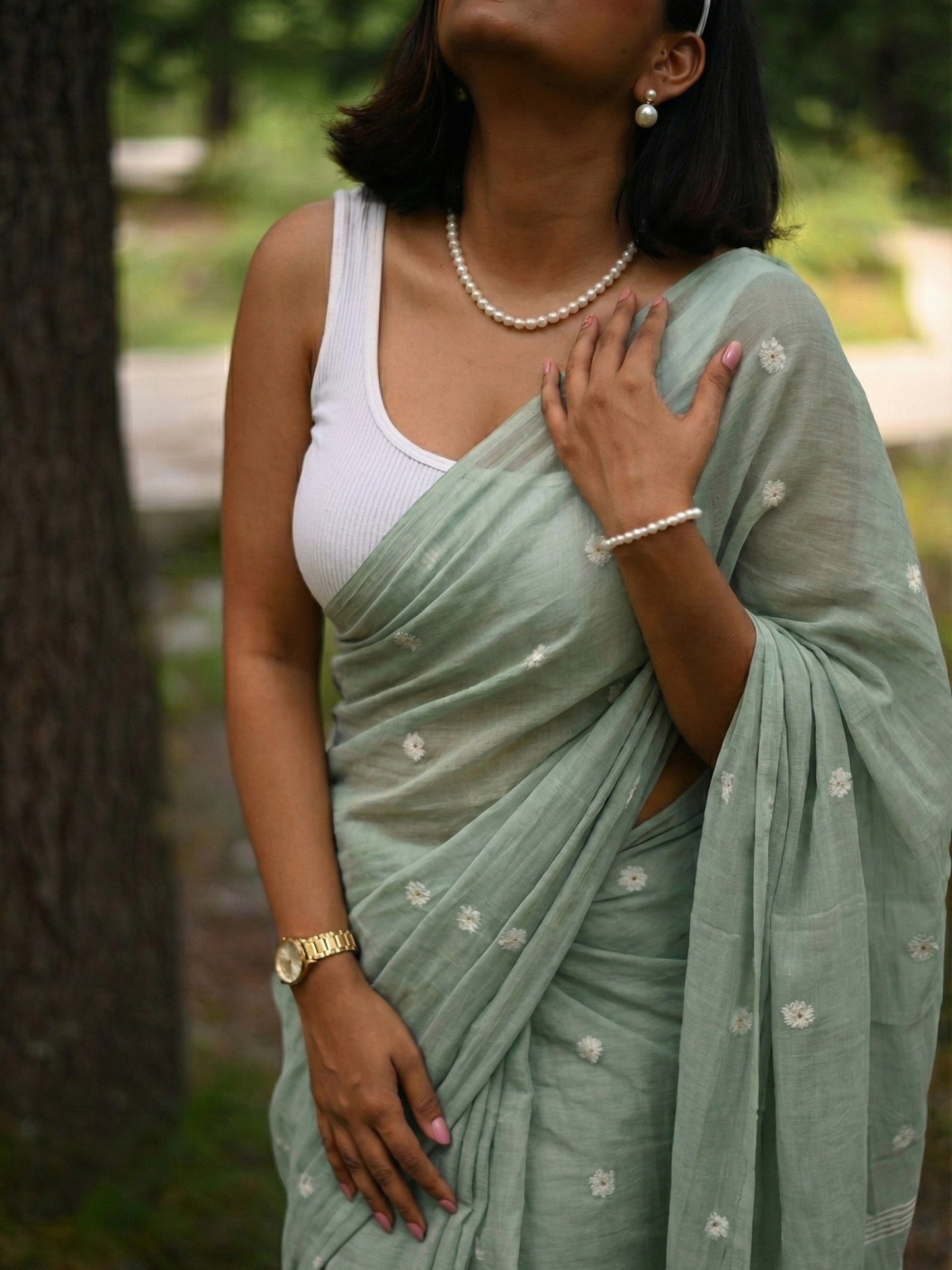 Sage - Green Floral Original Dhakai Jamdani Saree