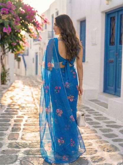 Azura - Royal Blue Floral Print Pure Chiffon Saree