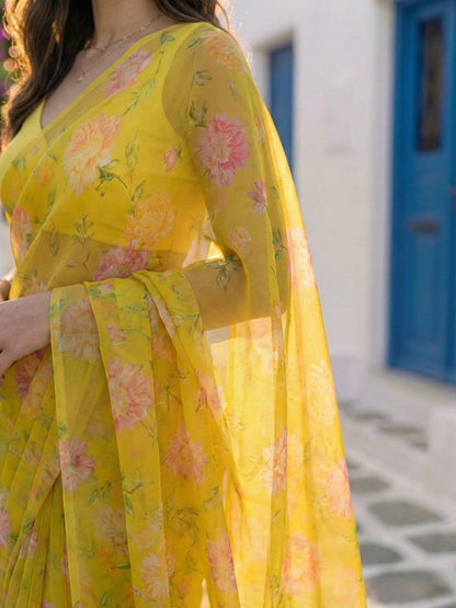 Zyra - Lime Green Floral Print Pure Chiffon Saree