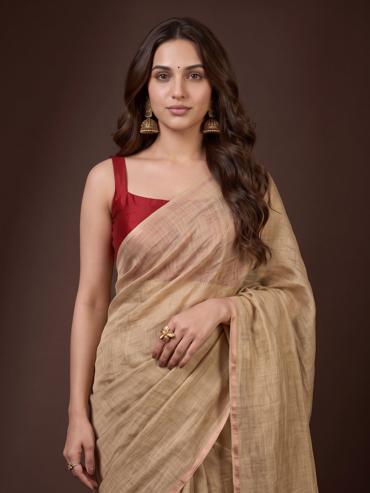 Beige - Pure Handloom Linen Saree with Zari Border