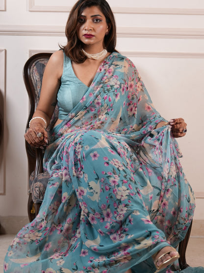Sakura - Blue Floral Print Pure Chiffon Saree