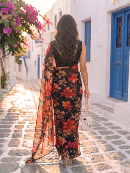 Noxana - Black Floral Print Pure Chiffon Saree