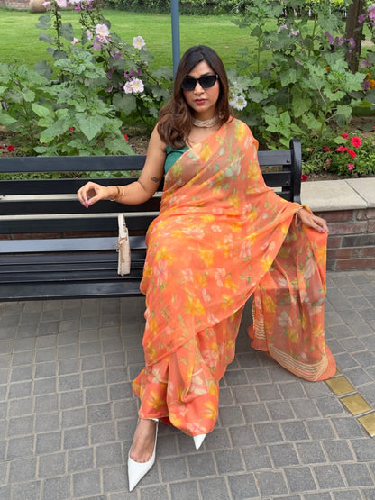 Elara - Orange Floral Print Pure Chiffon Saree