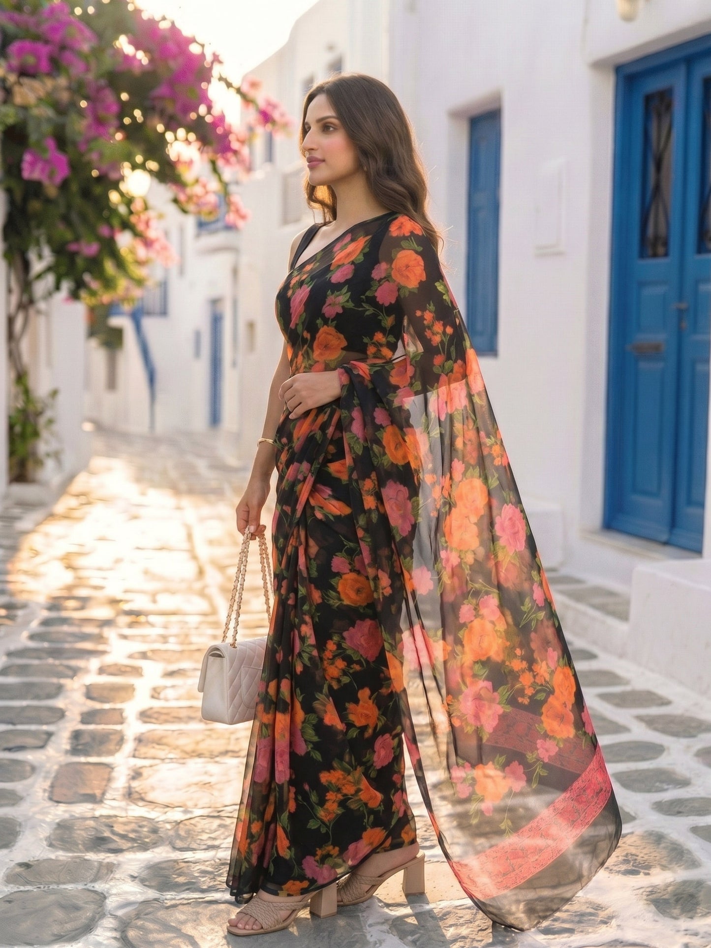Nyra - Black Floral Print Pure Chiffon Saree