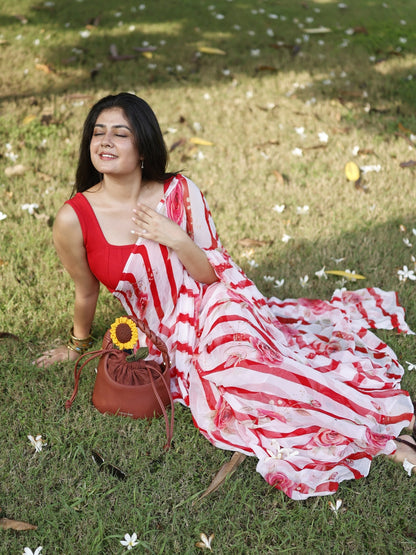 Amélie- Red Floral Print Pure Chiffon Partywear Saree