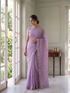 Calm - Lavender Purple Pure Handloom Linen Saree with Zari Border