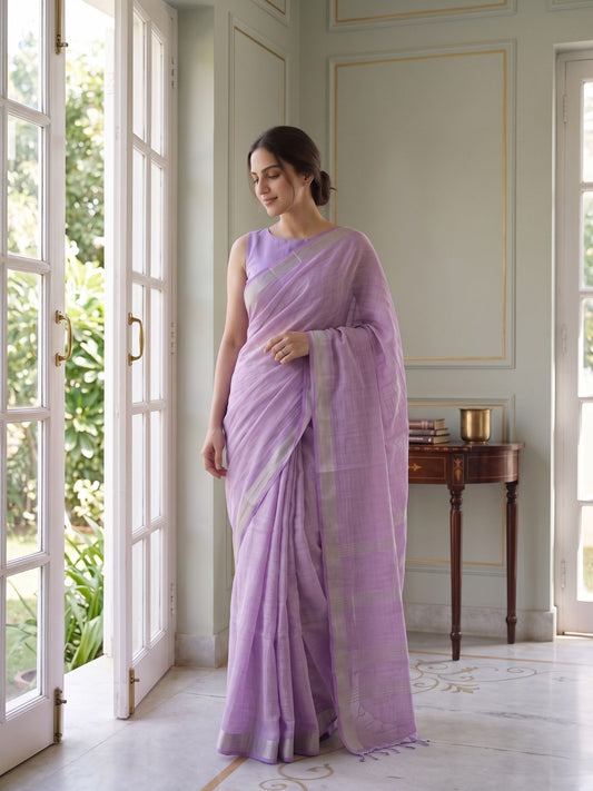 Calm - Lavender Purple Pure Handloom Linen Saree with Zari Border