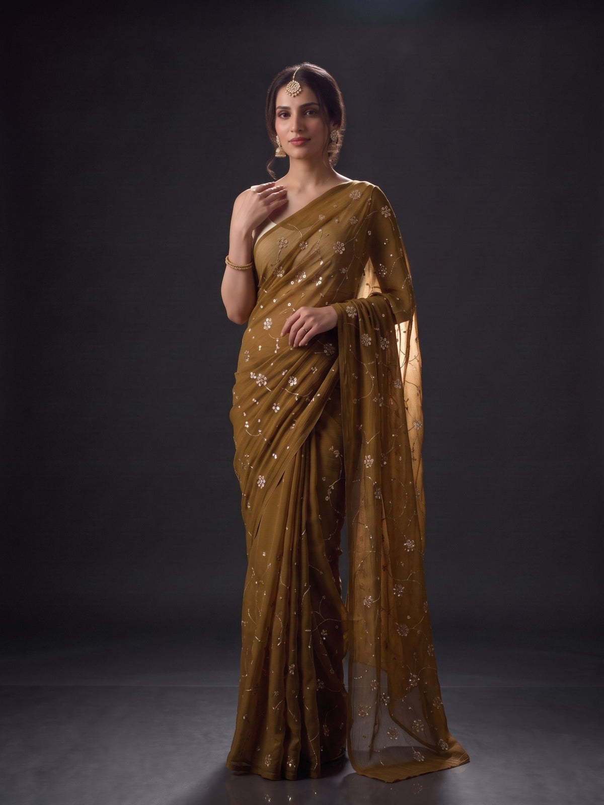 Enigma - Dark Olive Green Sequin Chiffon Partywear Saree