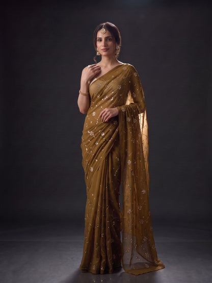 Enigma - Dark Olive Green Sequin Chiffon Partywear Saree
