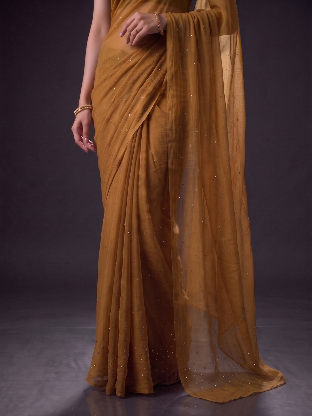 Diva - Olive Green Mukaish Work Pure Chiffon Partywear Saree