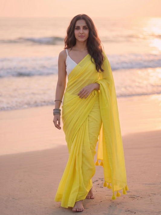 Lemonade plain yellow mul cotton saree from MAYIN India