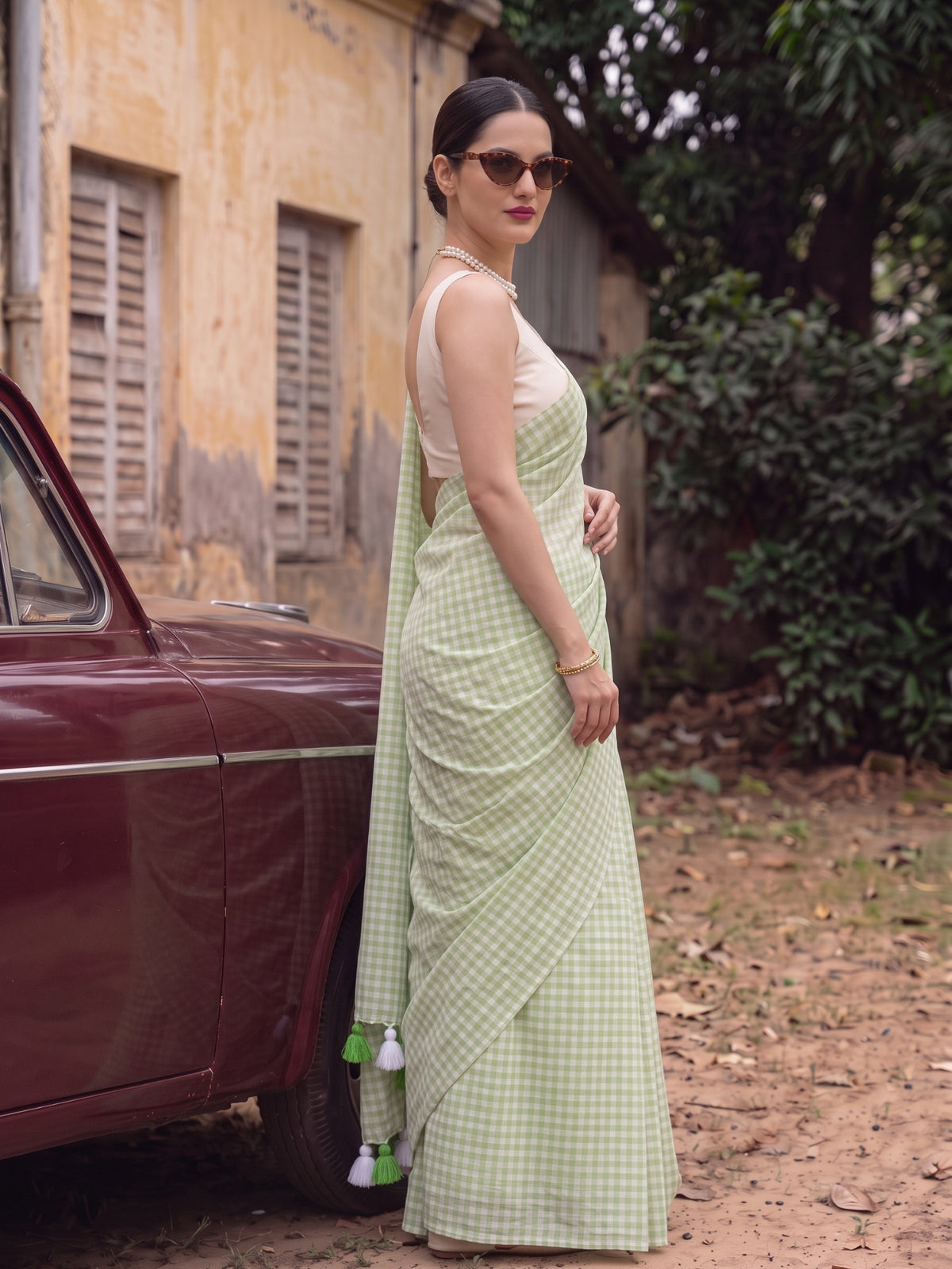 Spring Fern - Pastel Green Gingham Mulmul Cotton Saree
