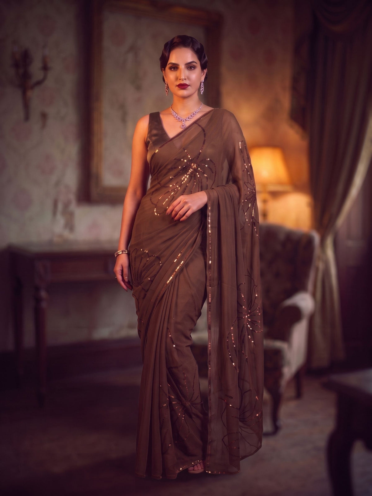Final Act - Brown Sequin Pure Chiffon Partywear Saree