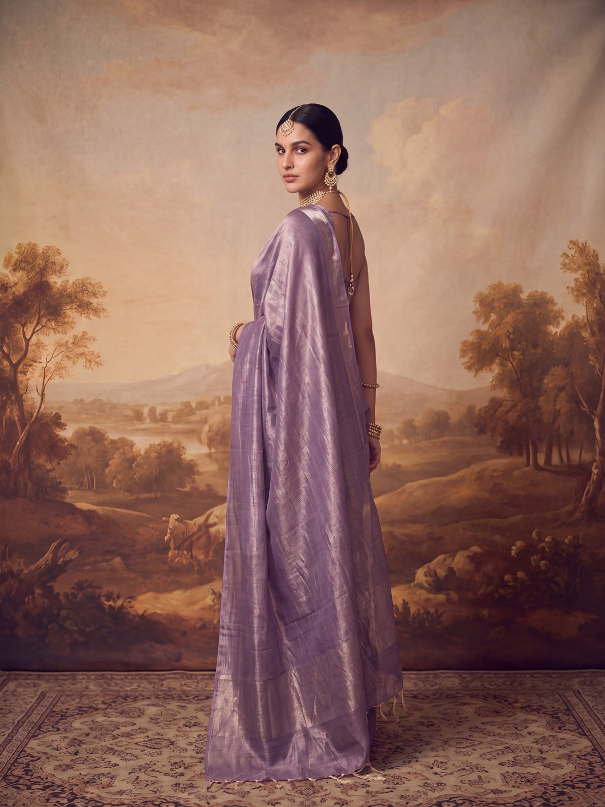 Tarini plain purple tissue saree, drape detail, by MAYIN