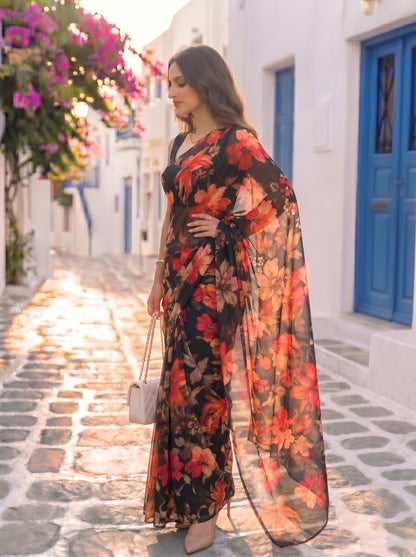 Noxana - Black Floral Print Pure Chiffon Saree