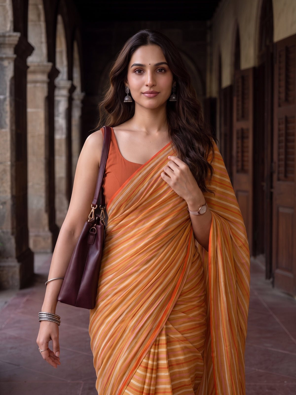 Outlook- Yellow Striped Mulmul Cotton Saree