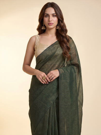 Emerald - Green Striped Mul Cotton Zari Saree