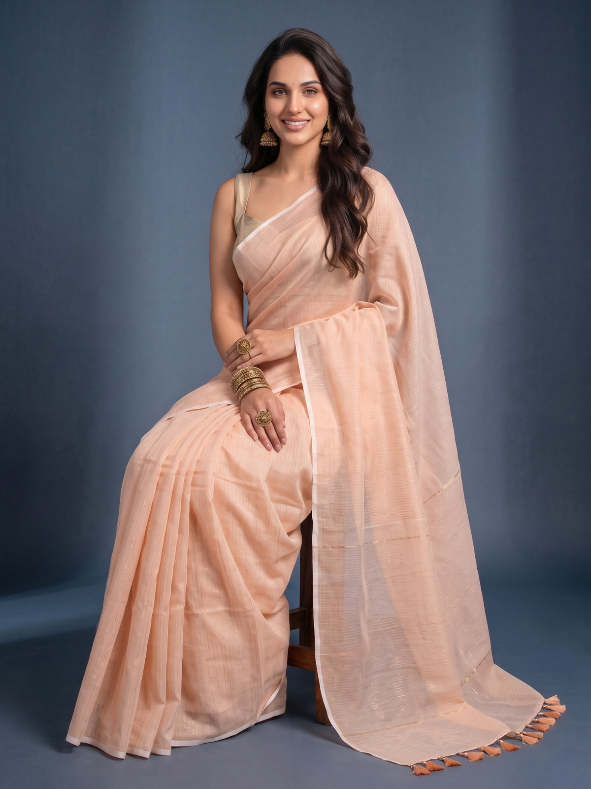 Beige - Striped Mul Cotton Zari Saree