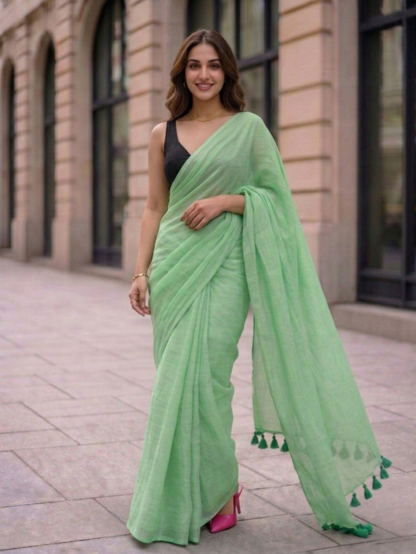 Mint Meadow - Plain Green Mul Cotton Saree