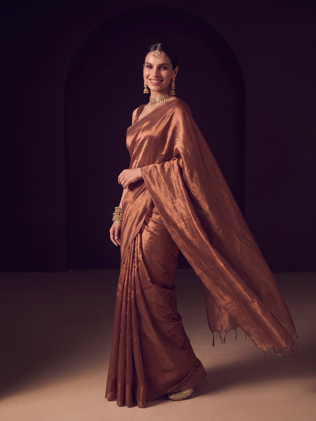 Devina - Plain Gold Handloom Tissue Saree
