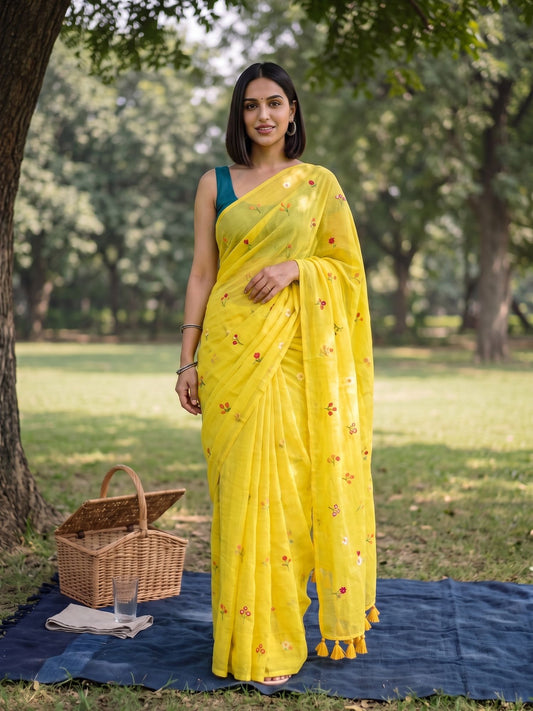 Gardenalia Yellow - Floral Embroidered Mulmul Cotton Saree