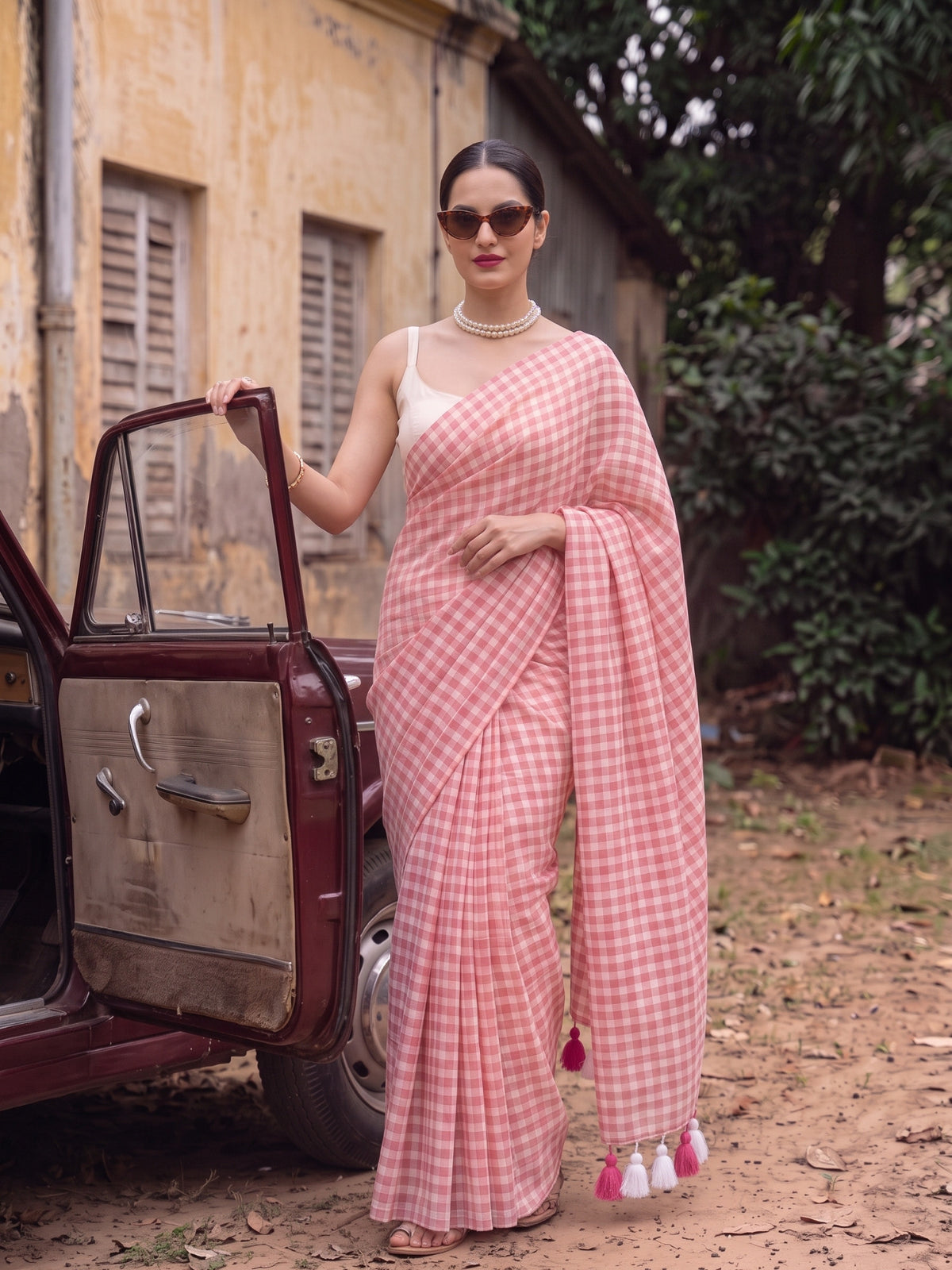 Poppy Seed - Red Gingham Mulmul Cotton Saree