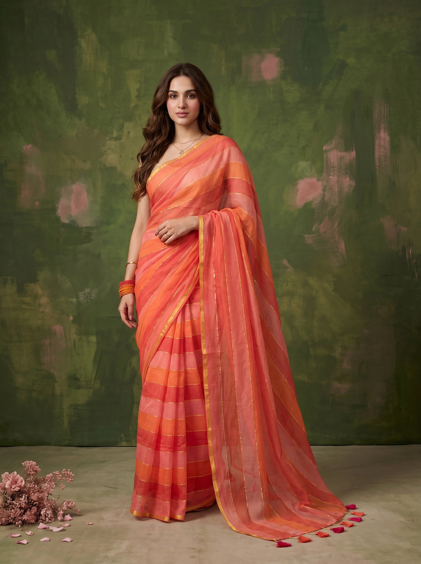Rangrez - Red & Orange Striped Mul Cotton Zari Saree