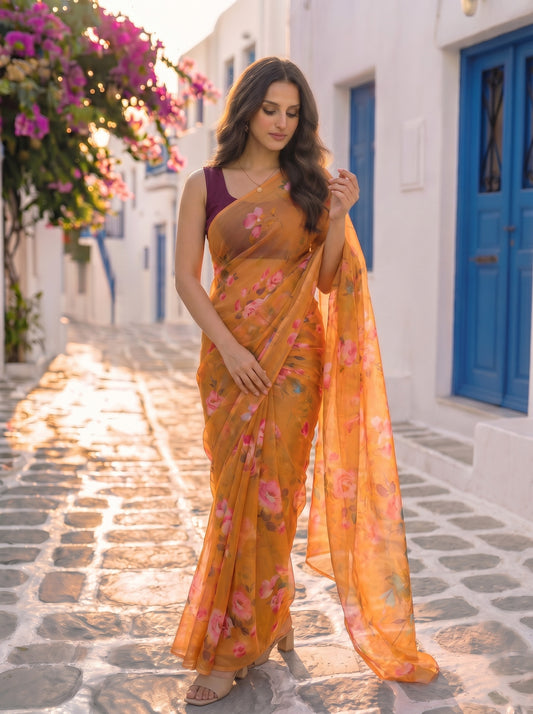 Sunlit Rose - Mustard Floral Print Pure Chiffon Saree