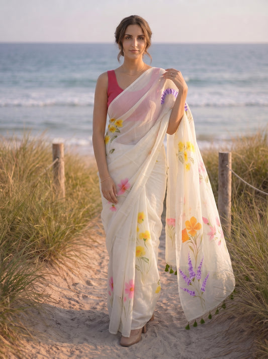 Cream Canvas- Handpainted Mulmul Saree