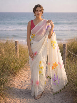 Cream Canvas - Handpainted Mul Cotton Saree