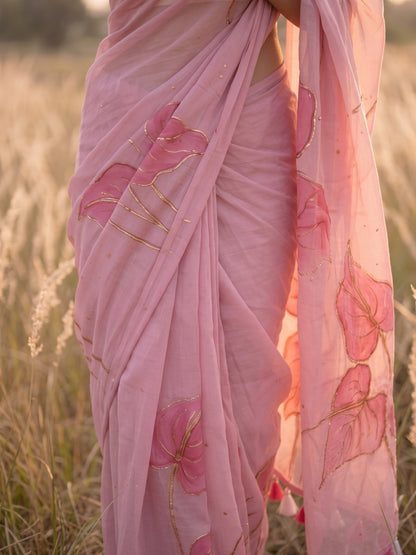 Anthuria - Blush Pink Handpainted Mulmul Cotton Saree