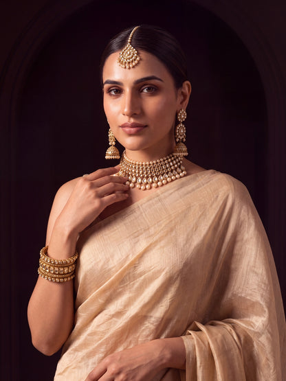 Meira - Plain Ivory and Gold Handloom Tissue Saree